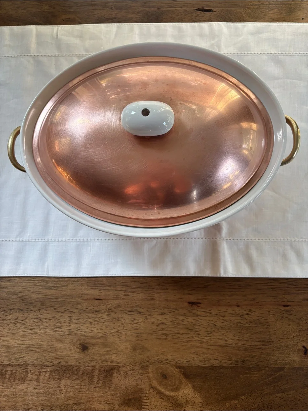 Vintage Old Dutch Copper Covered Casserole Dish. Brass Handles
